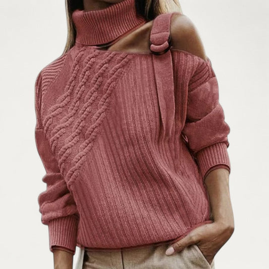 Pull à col roulé asymétrique en maille torsadée pour femme