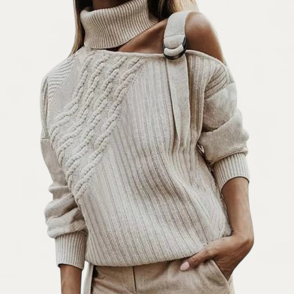 Pull à col roulé asymétrique en maille torsadée pour femme