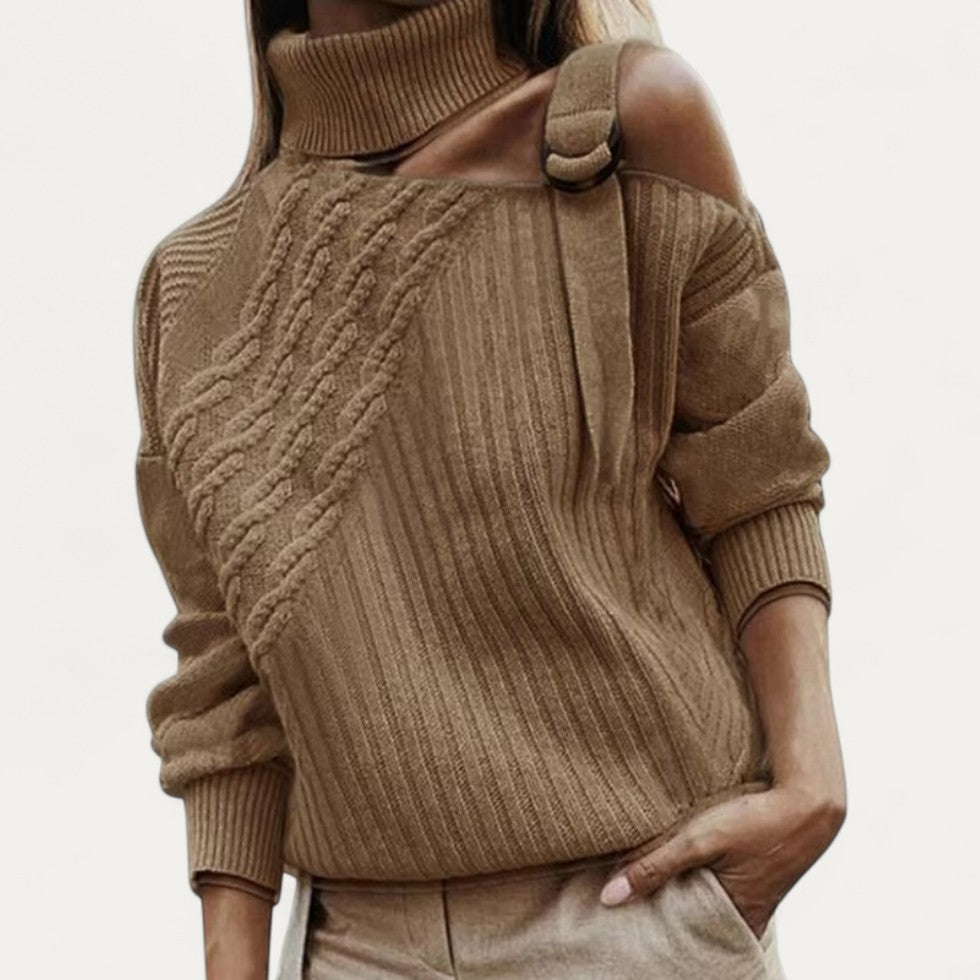 Pull à col roulé asymétrique en maille torsadée pour femme