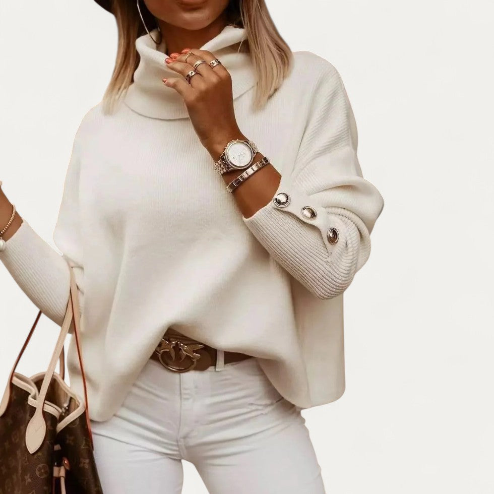 Pull à col roulé décontracté à poignets boutonnés pour femme