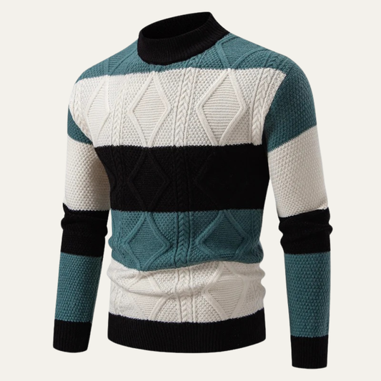 Pull à col roulé en maille torsadée pour homme, color block