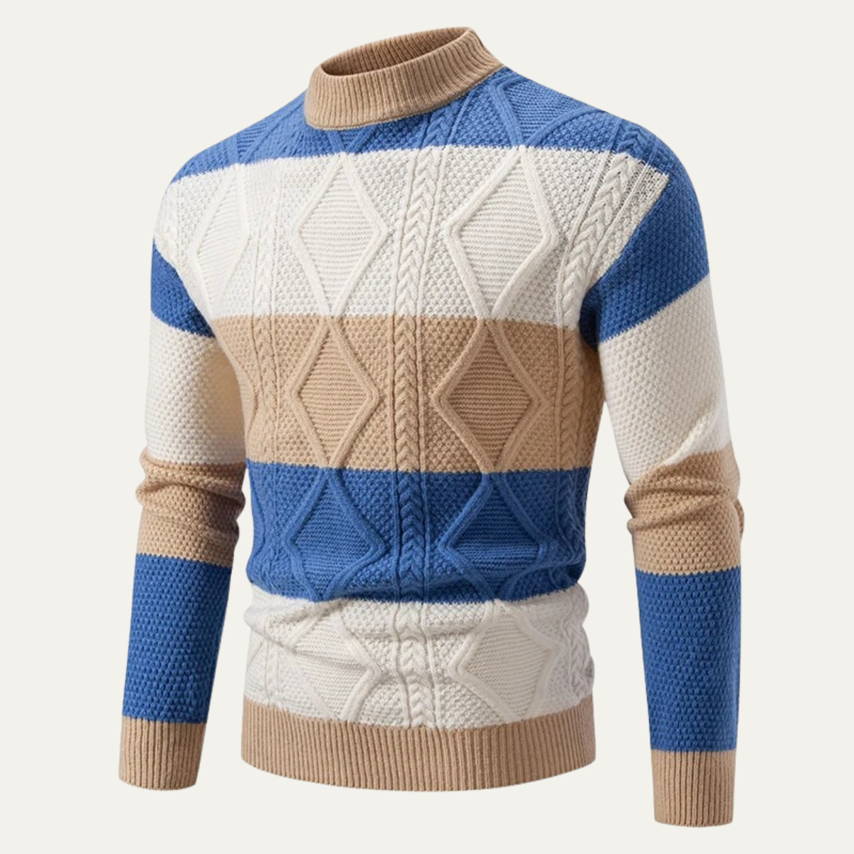Pull à col roulé en maille torsadée pour homme, color block