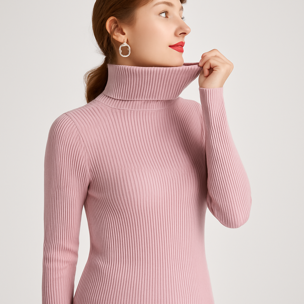 Pull classique à col roulé côtelé pour femme