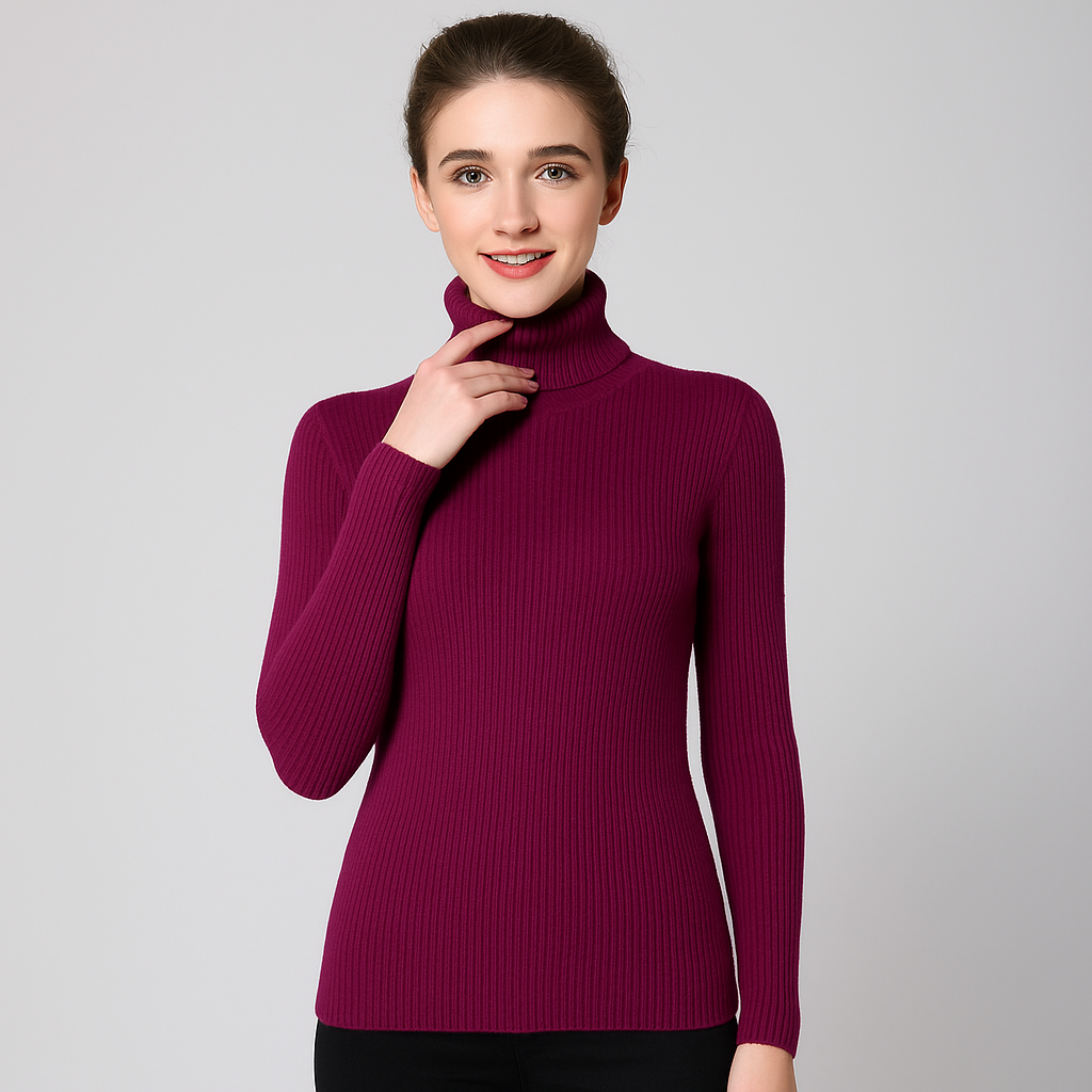 Pull classique à col roulé côtelé pour femme