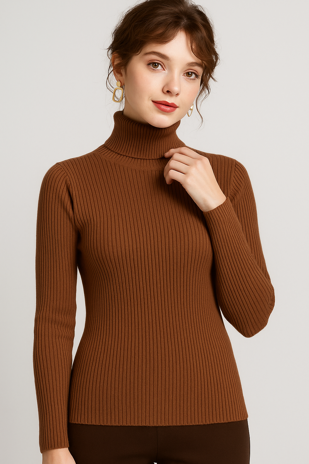 Pull classique à col roulé côtelé pour femme
