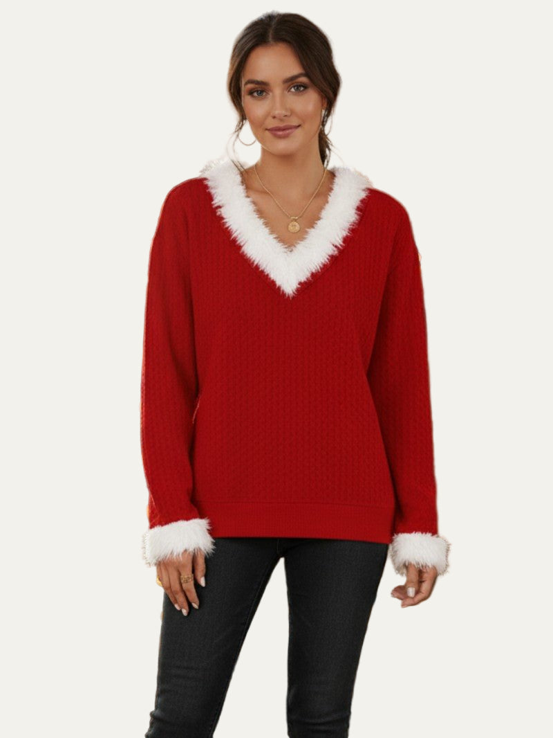 Pull col V à bordure en fausse fourrure pour femme