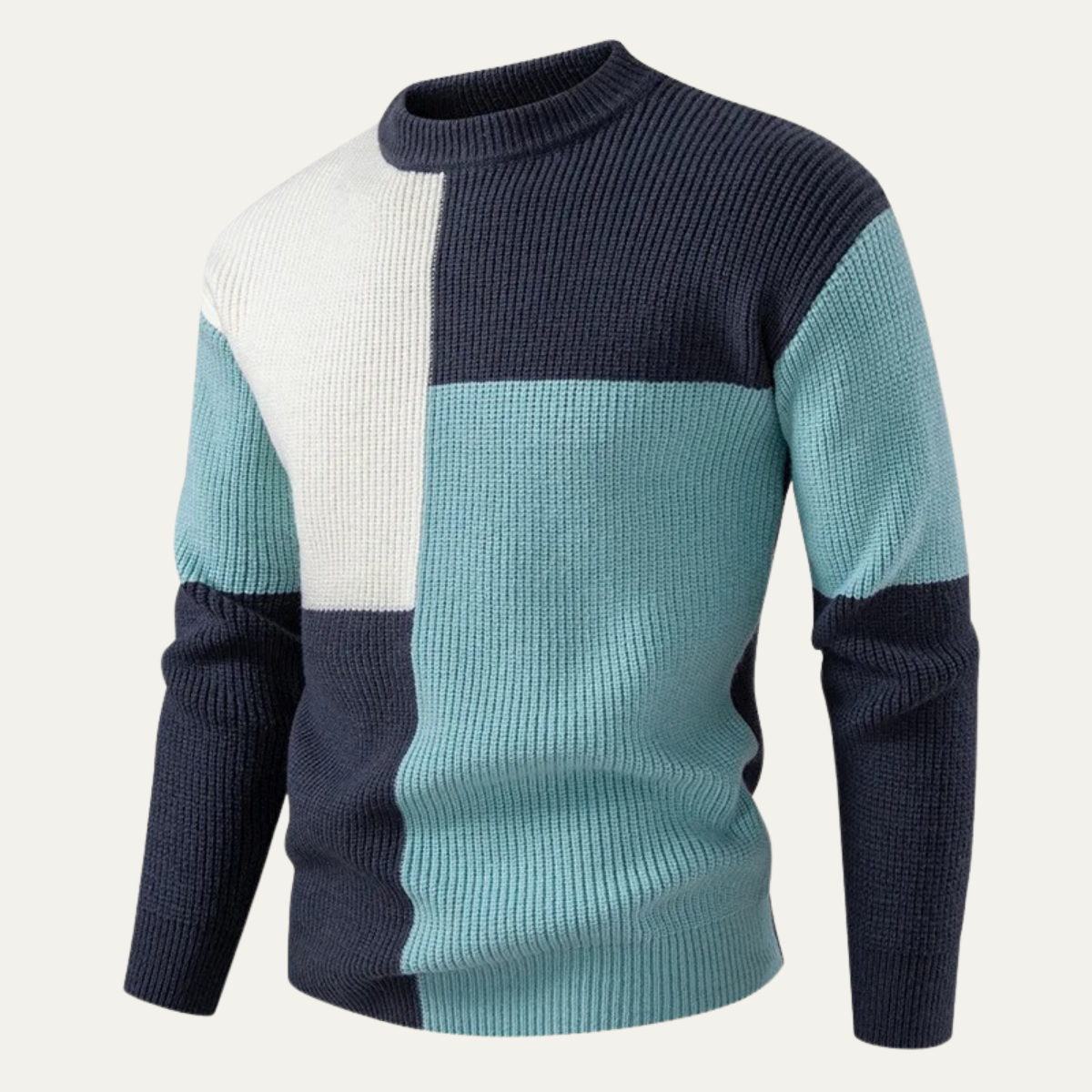 Pull col rond côtelé épais à blocs de couleur pour homme