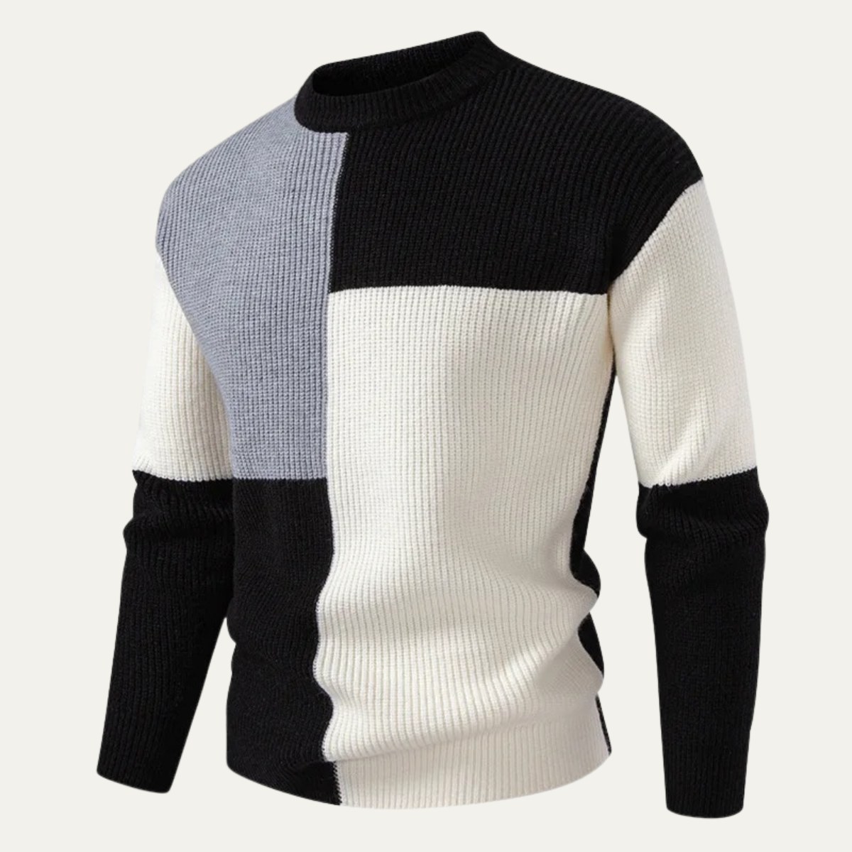 Pull col rond côtelé épais à blocs de couleur pour homme