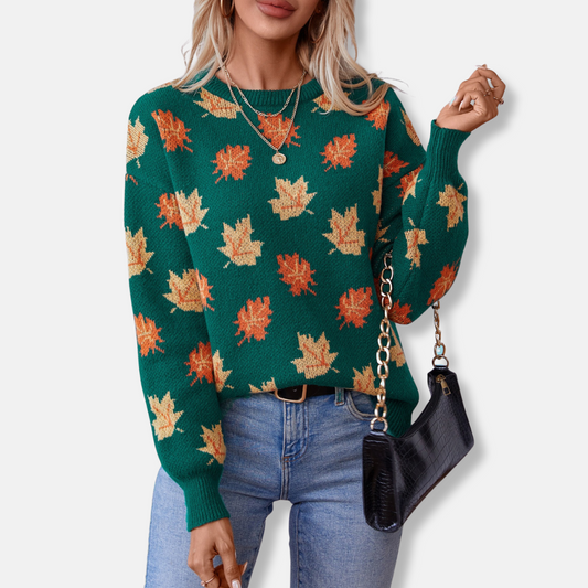 Pull col rond jacquard à motif feuilles pour femme