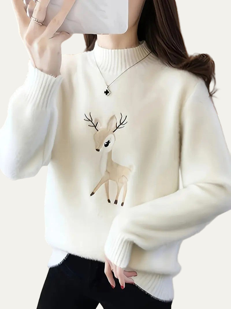 Pull col roulé brodé motif cerf pour femme