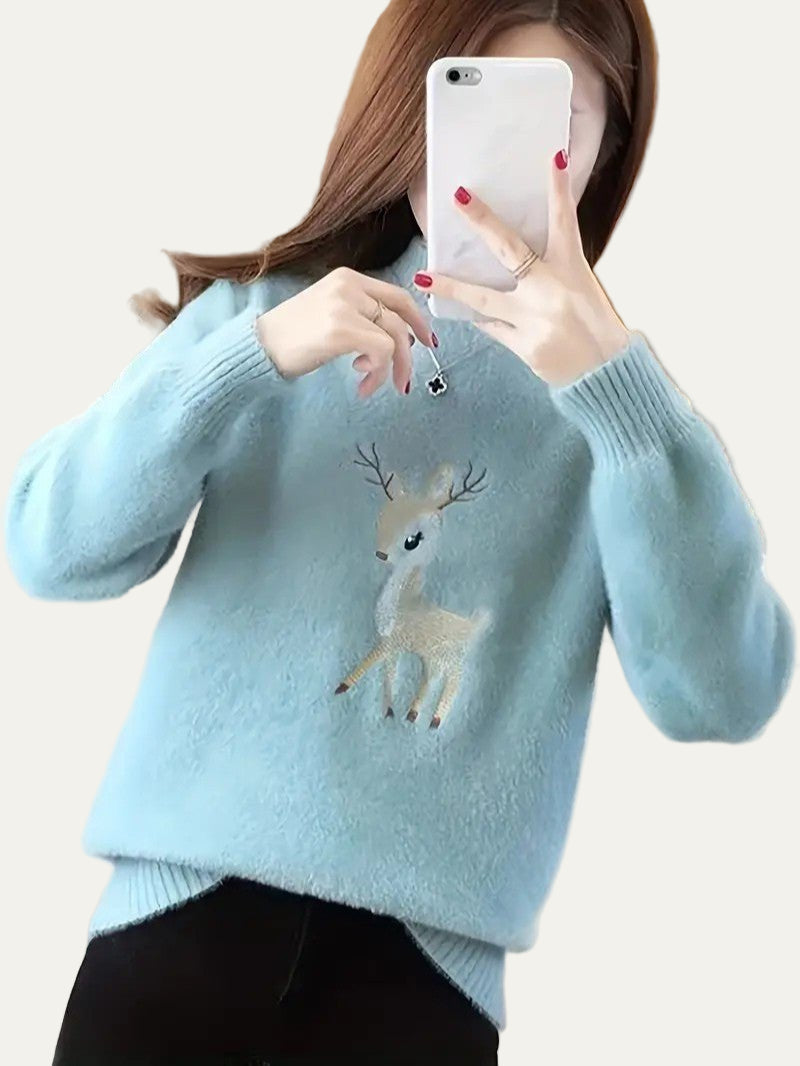 Pull col roulé brodé motif cerf pour femme