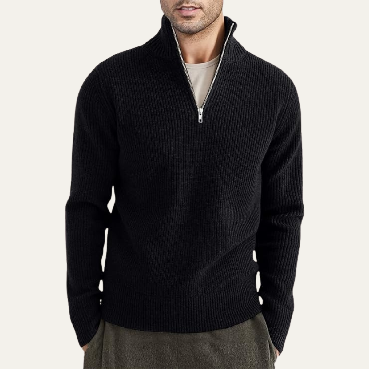 Pull côtelé à col zippé pour homme