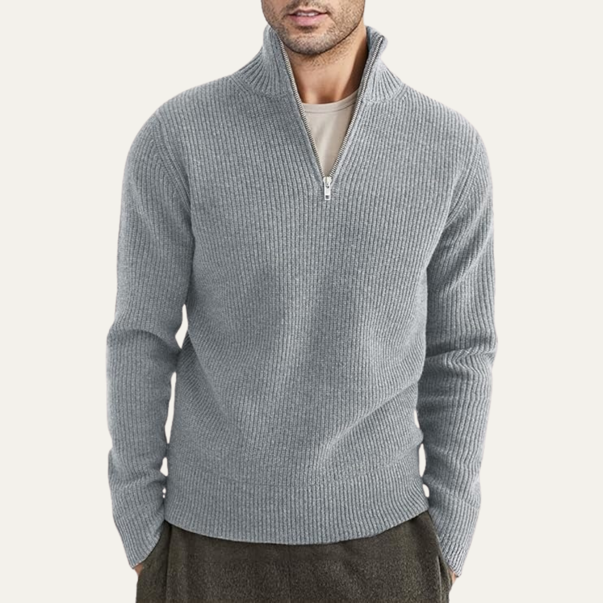 Pull côtelé à col zippé pour homme