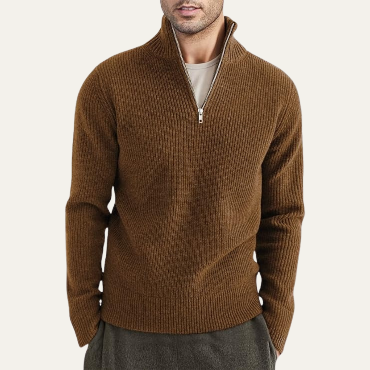 Pull côtelé à col zippé pour homme
