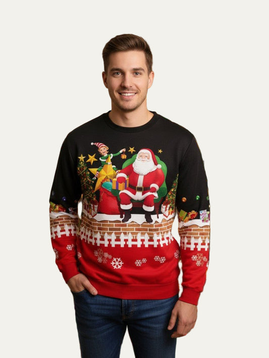 Pull de Noël pour homme avec cheminée et Père Noël