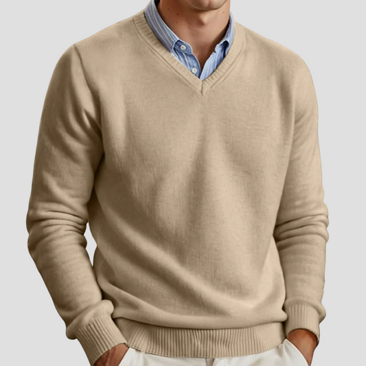 Pull en maille fine classique à col en V pour homme