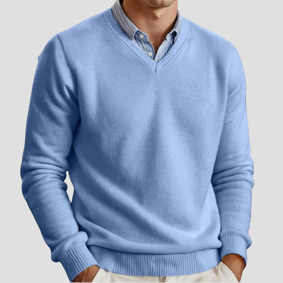 Pull en maille fine classique à col en V pour homme