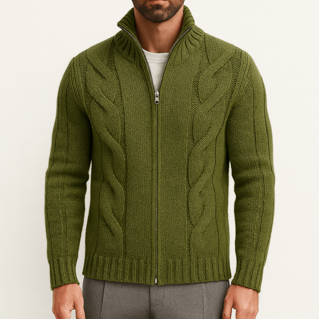 Pull en maille torsadée à col montant pour homme