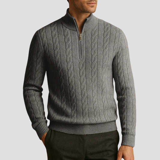 Pull en maille torsadée à col zippé pour homme