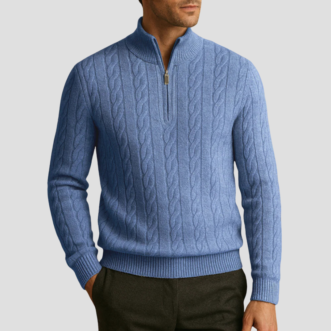 Pull en maille torsadée à col zippé pour homme