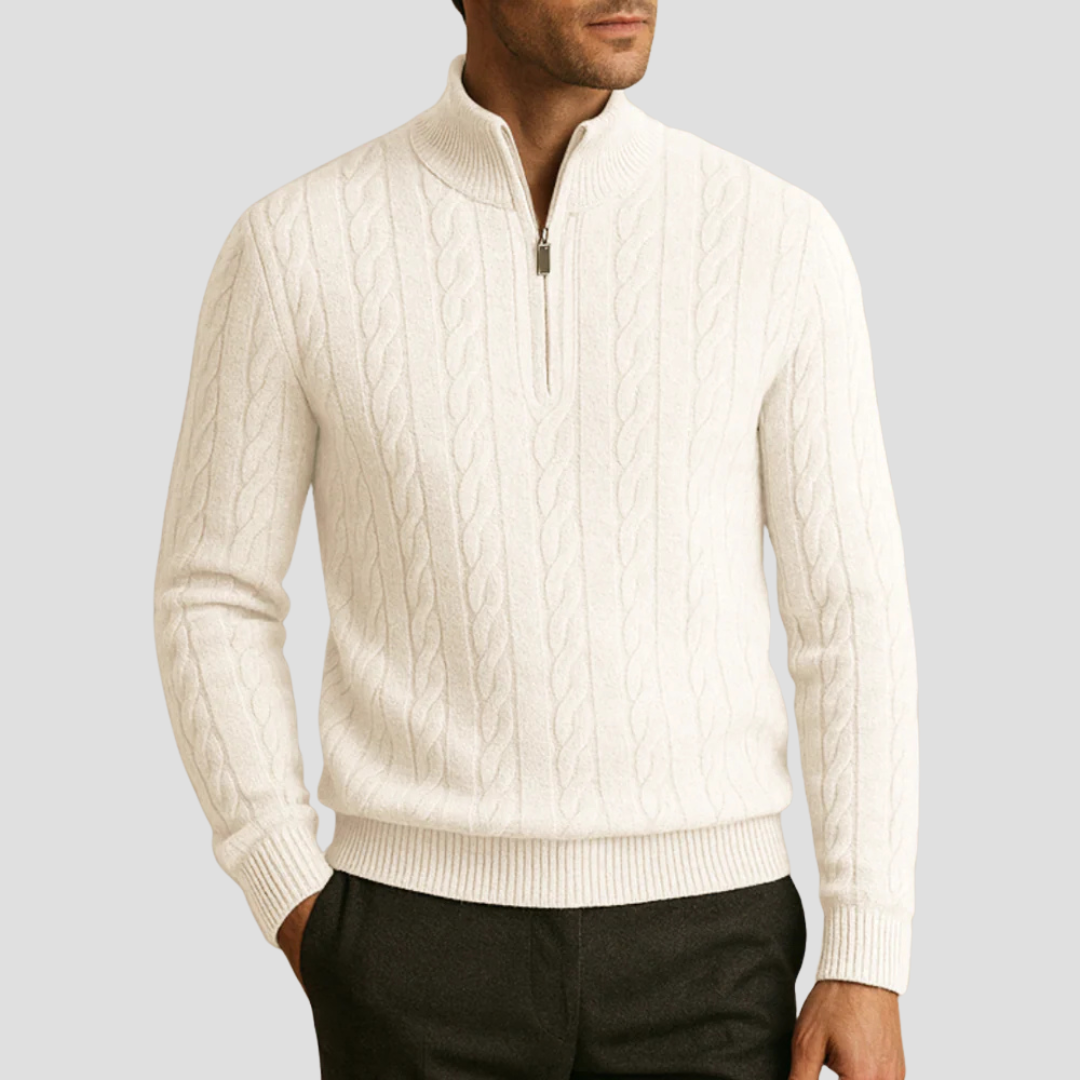 Pull en maille torsadée à col zippé pour homme