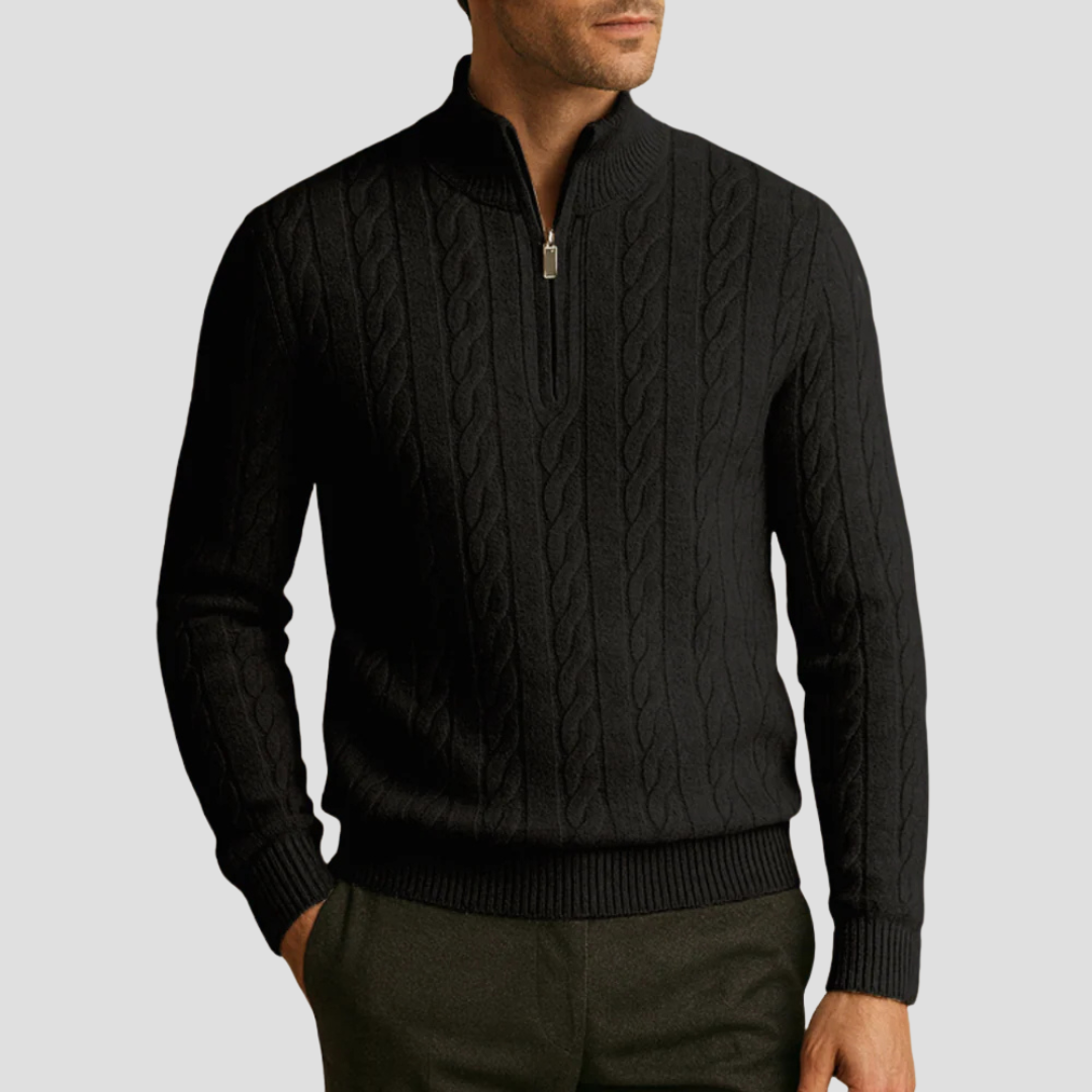 Pull en maille torsadée à col zippé pour homme