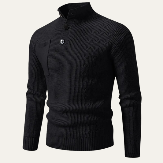 Pull homme à col montant côtelé et patte de boutonnage