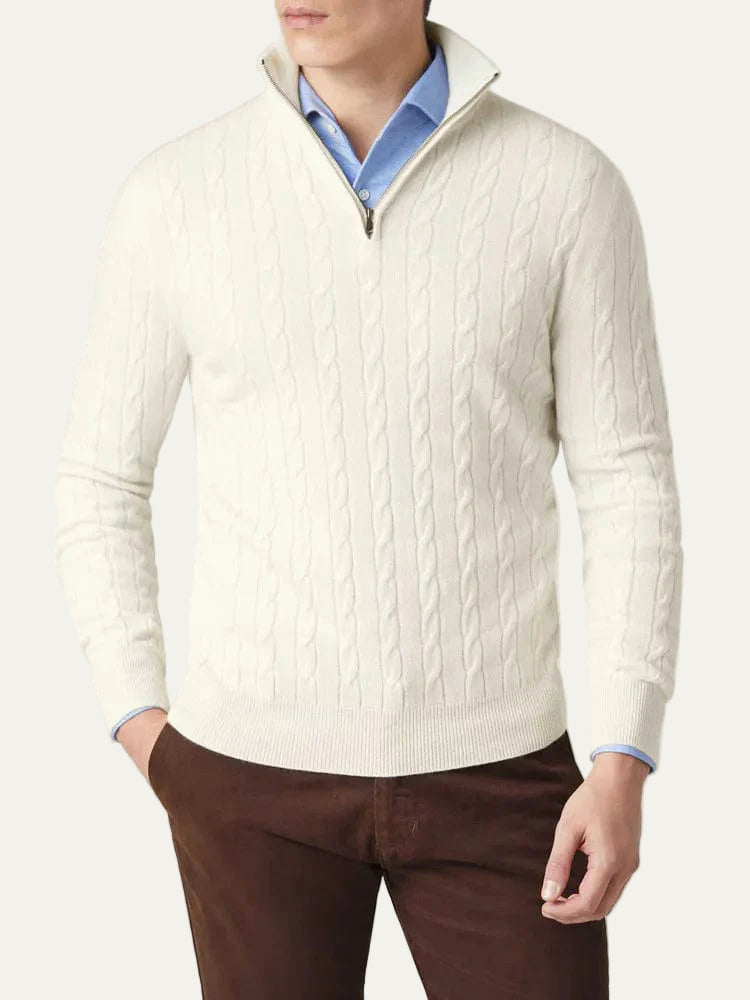 Pull homme à col zippé en maille torsadée