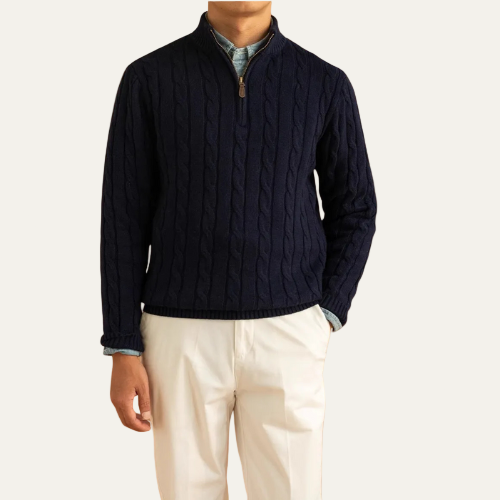 Pull homme à col zippé en maille torsadée