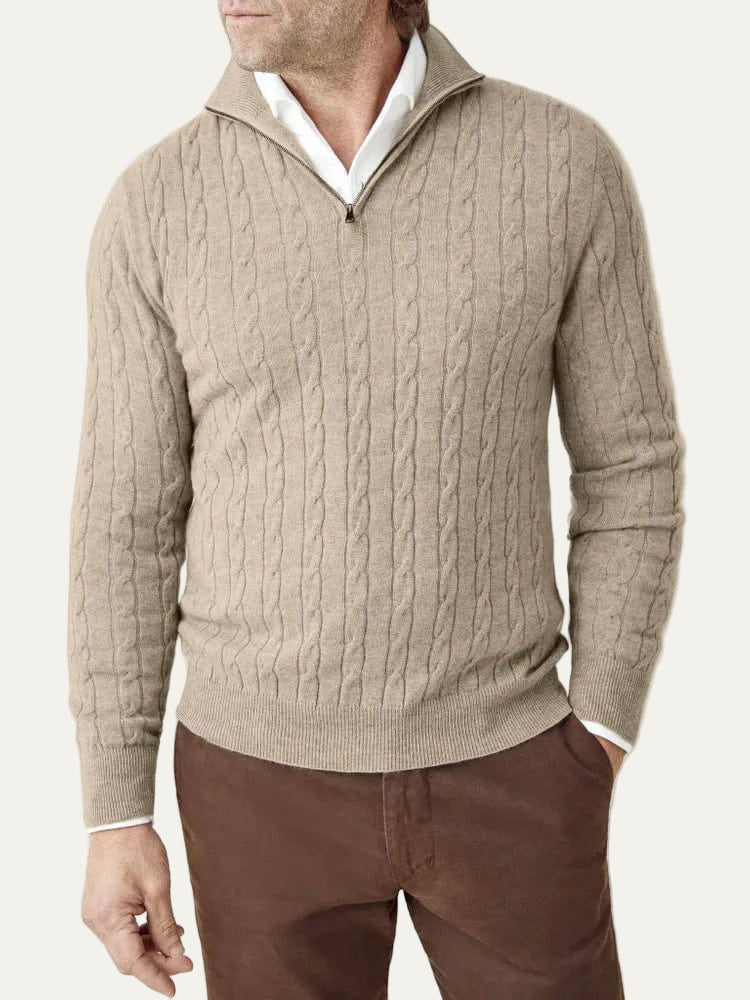 Pull homme à col zippé en maille torsadée