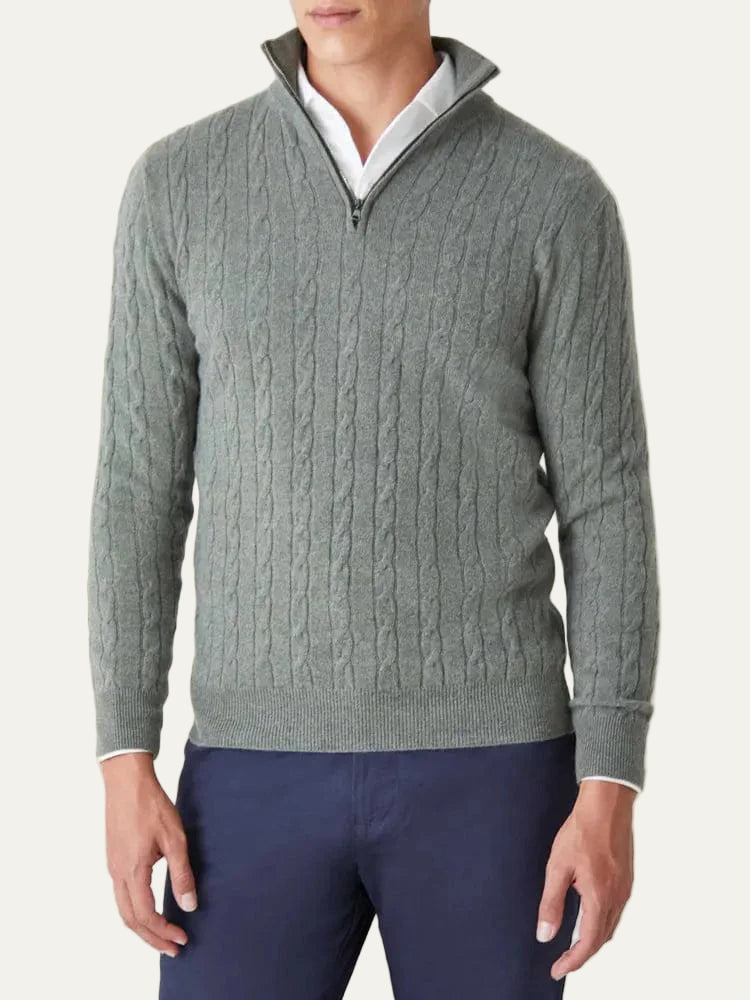 Pull homme à col zippé en maille torsadée