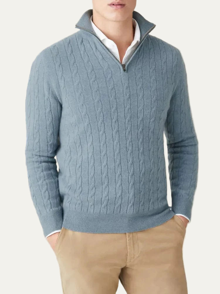 Pull homme à col zippé en maille torsadée