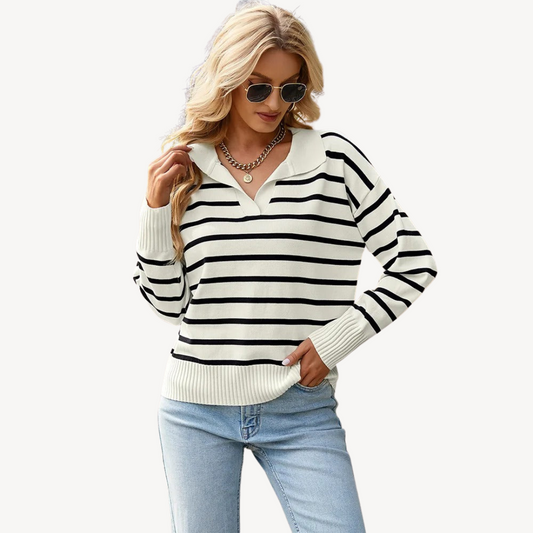 Pull polo rayé à col en V pour femme