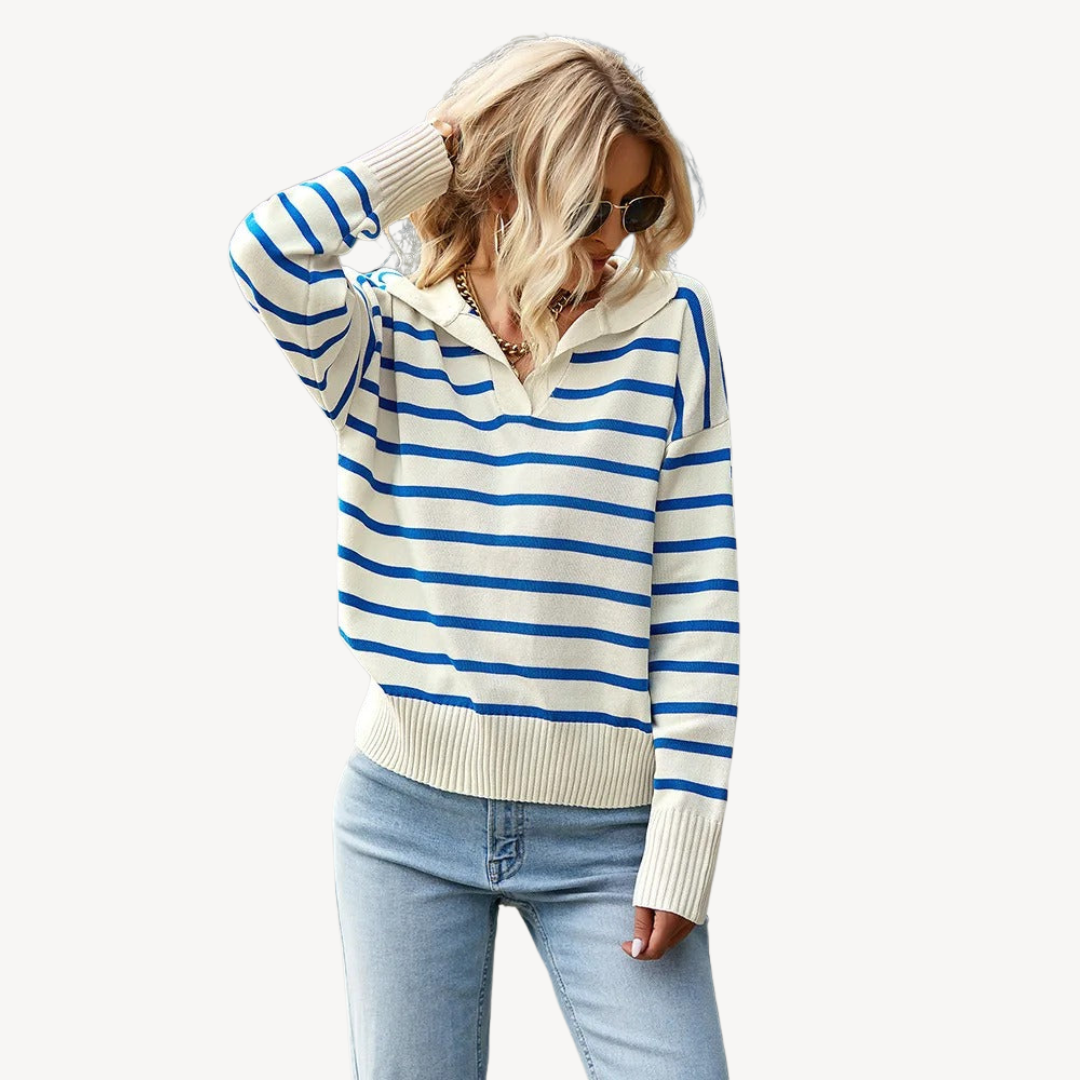 Pull polo rayé à col en V pour femme
