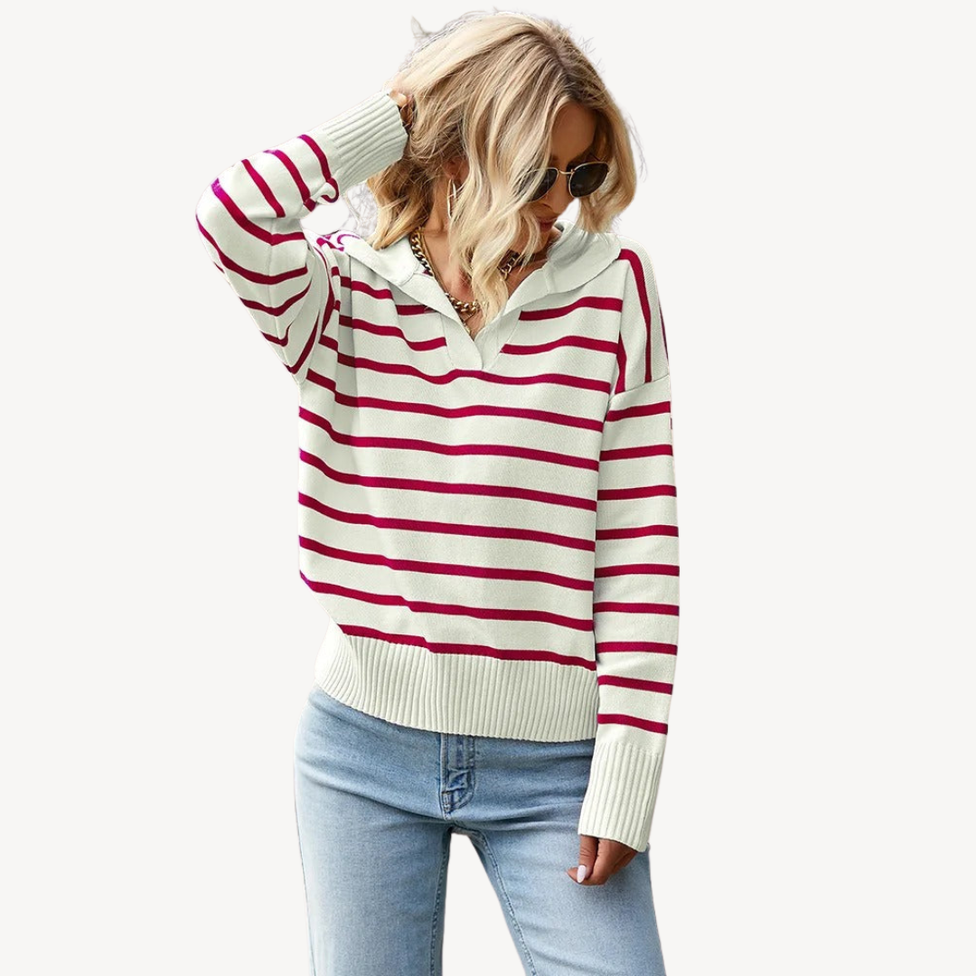 Pull polo rayé à col en V pour femme