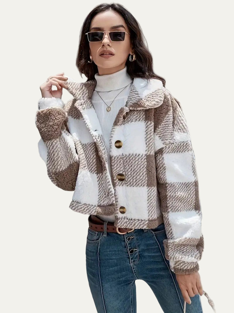 Surchemise courte boutonnée en peluche pour femme