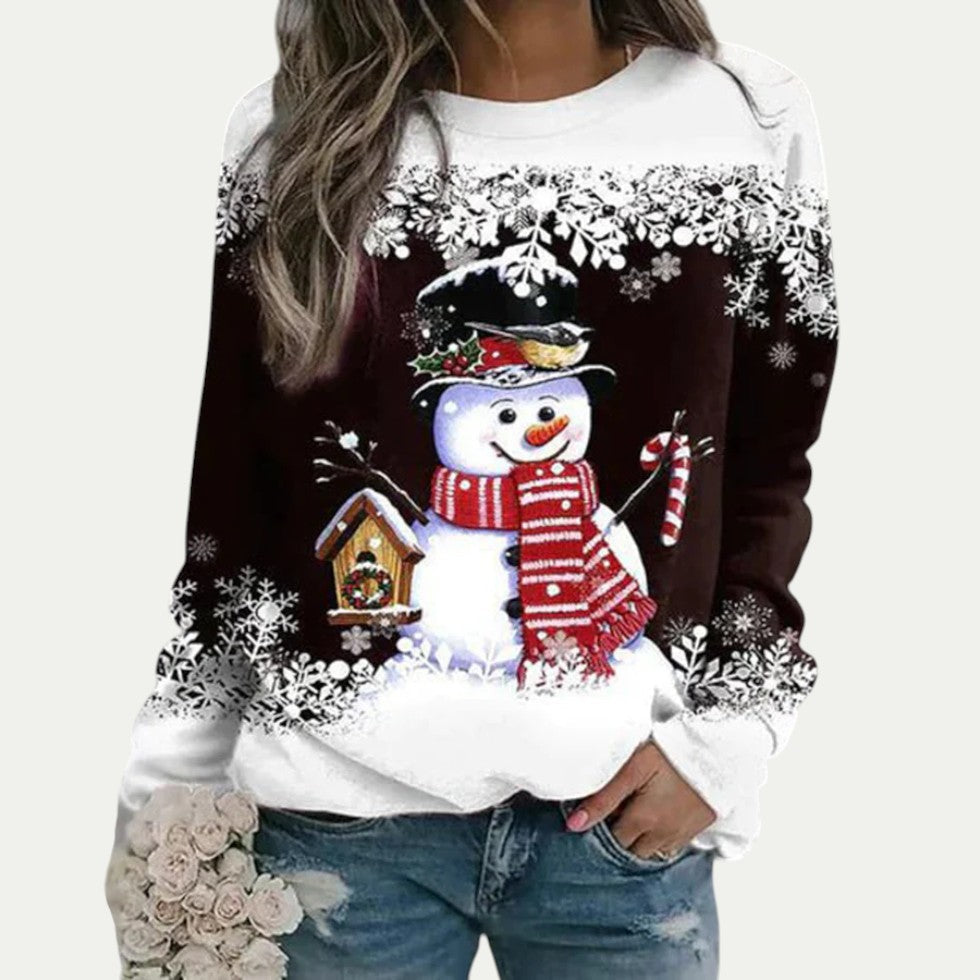 Sweat-shirt à col rond pour femme avec motif bonhomme de neige