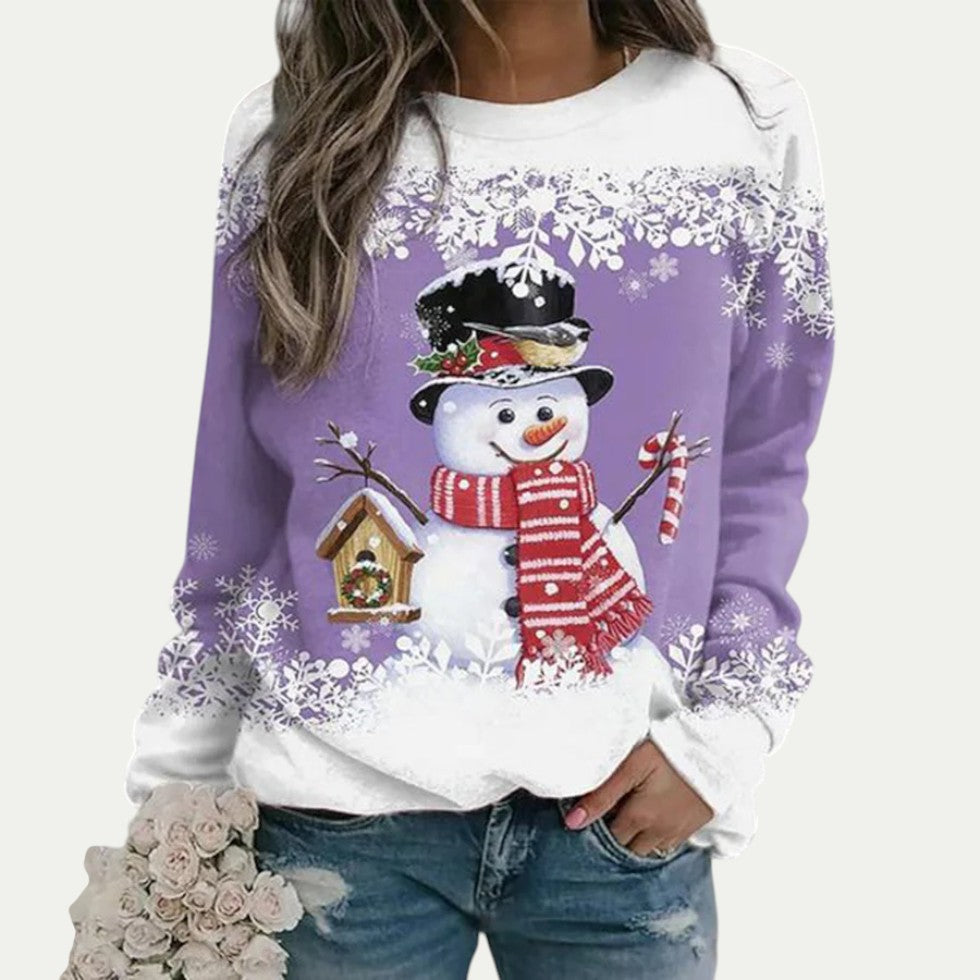 Sweat-shirt à col rond pour femme avec motif bonhomme de neige