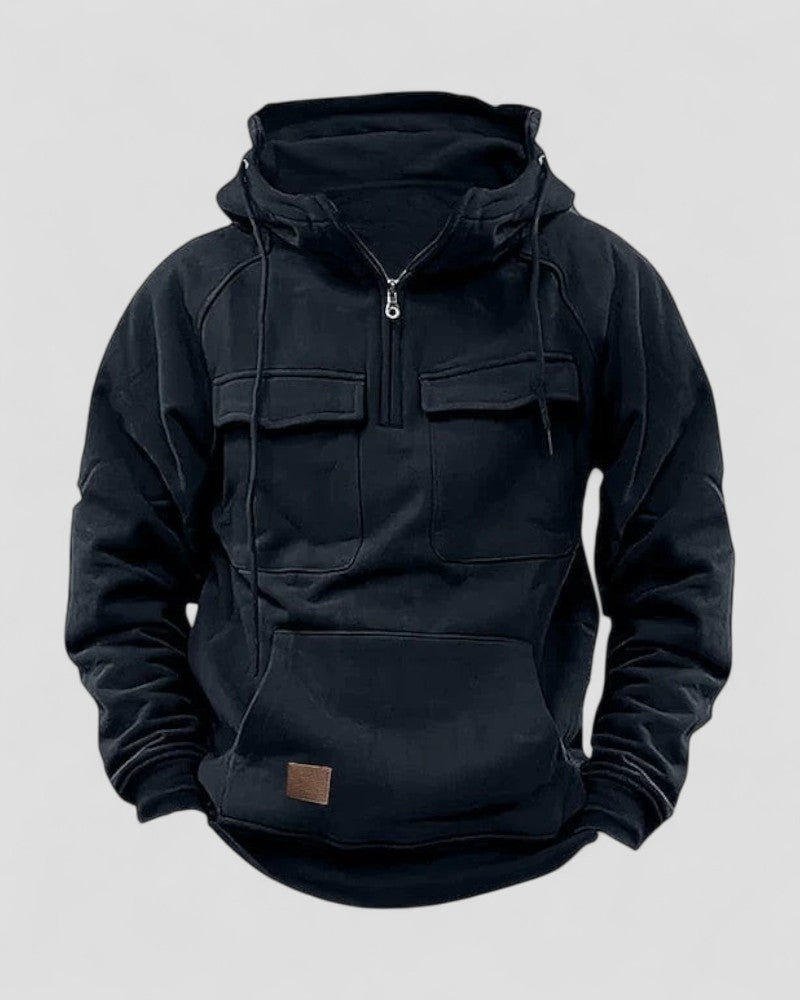 Sweat à capuche demi-zip premium en mélange de coton pour homme, avec poches utilitaires