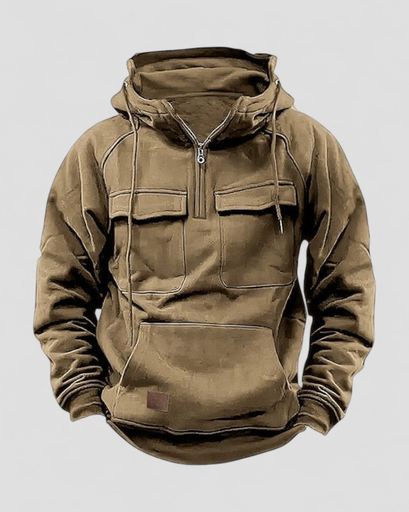 Sweat à capuche demi-zip premium en mélange de coton pour homme, avec poches utilitaires