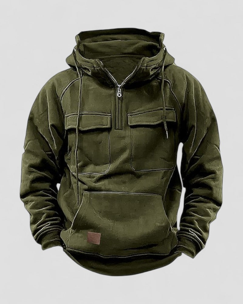 Sweat à capuche demi-zip premium en mélange de coton pour homme, avec poches utilitaires