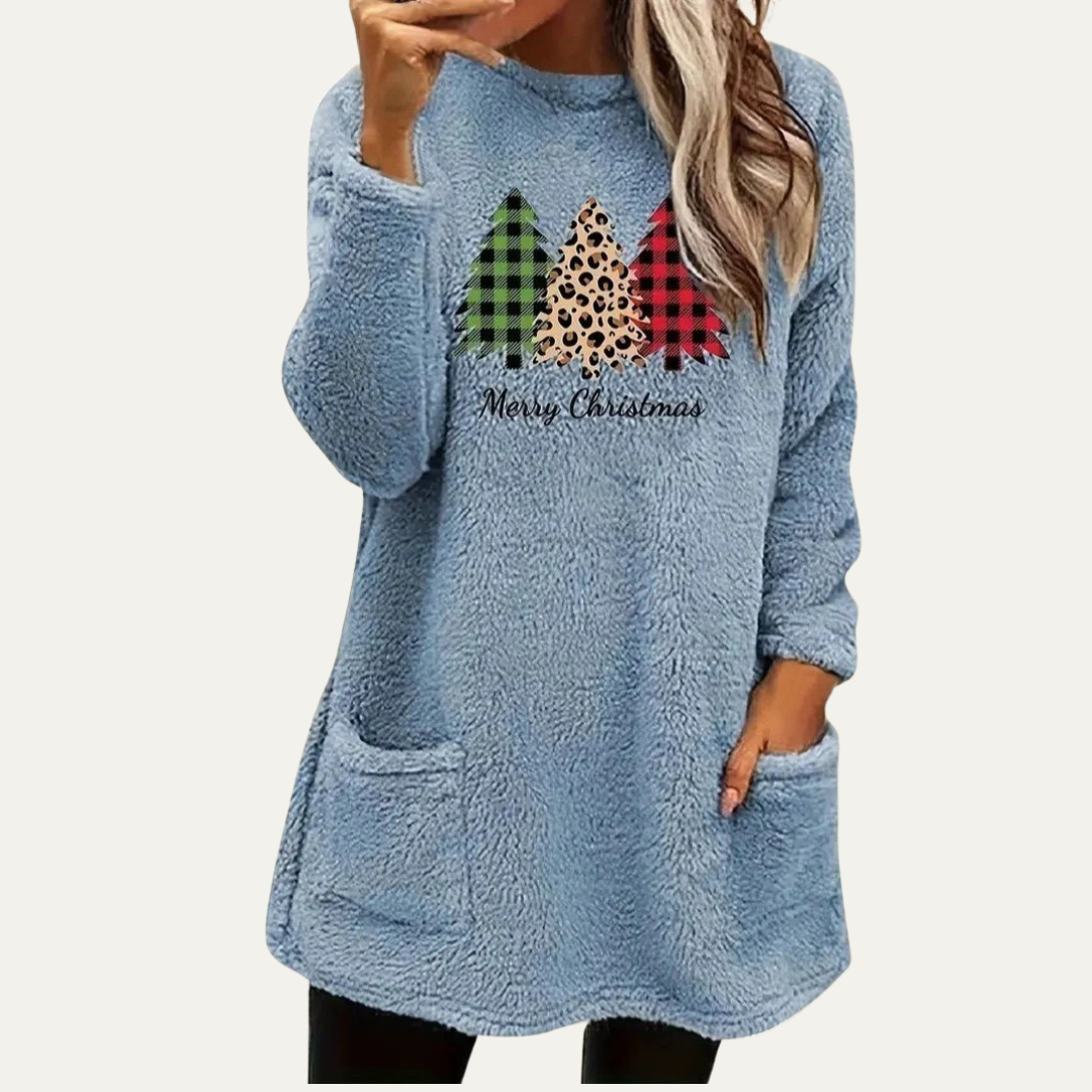 Top d'intérieur en sherpa duveteux à motif sapin de Noël pour femme