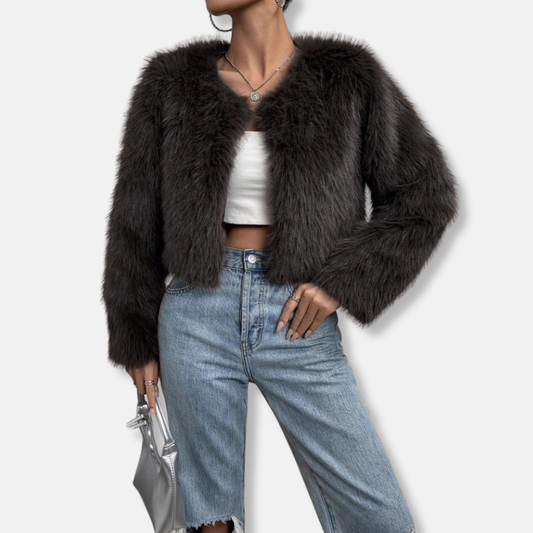 Veste courte en fausse fourrure duveteuse pour femme