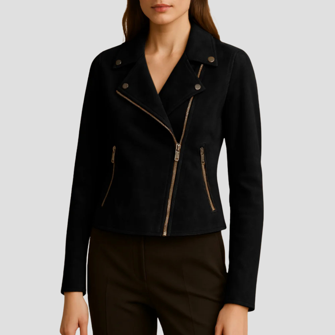 Veste de motard courte en daim pour femme