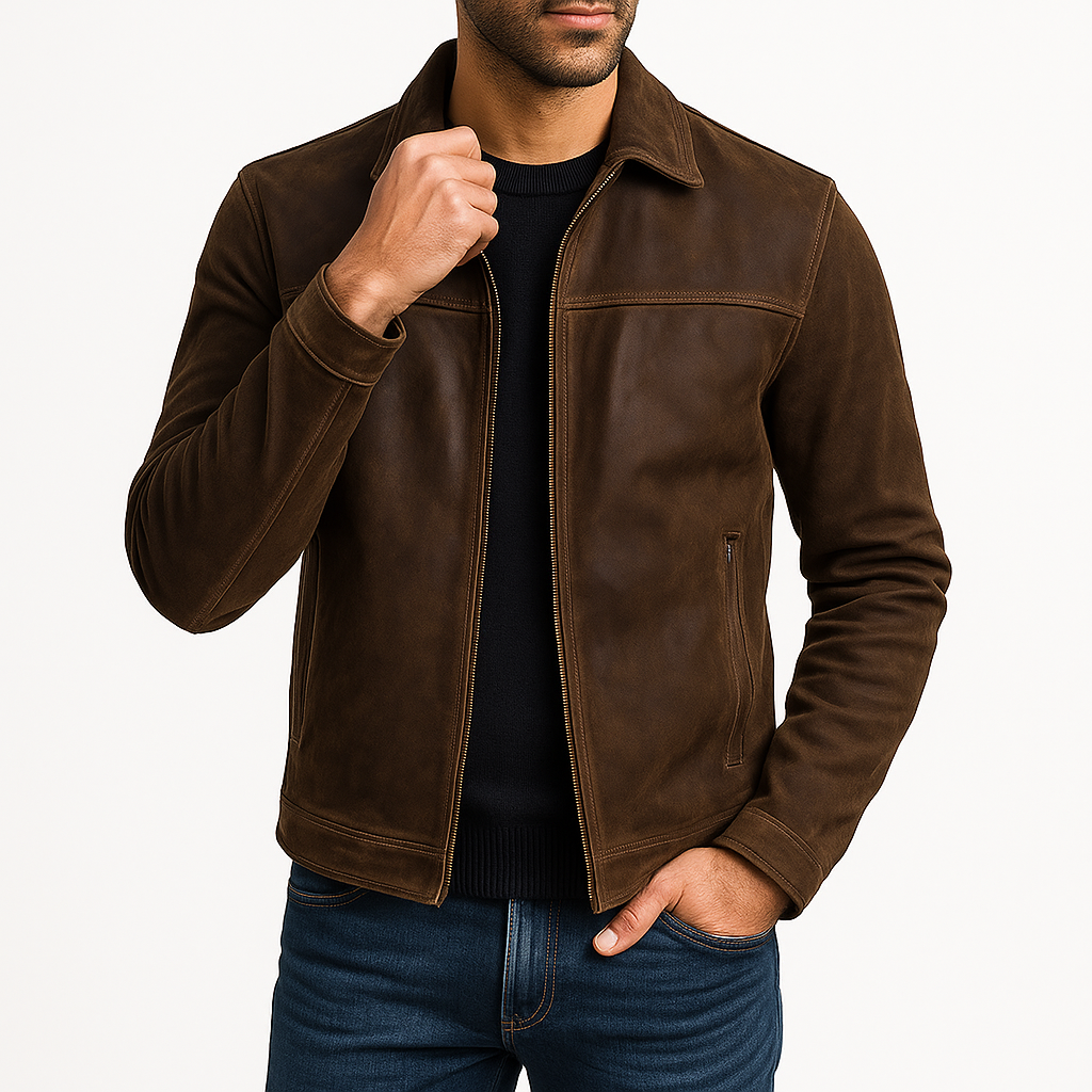 Veste zippée classique en daim pour homme