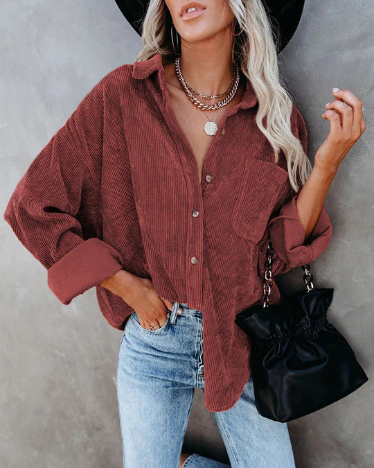 Chemise Femme Chic – Chemise Élégante en Velours Confort avec Poche Avant