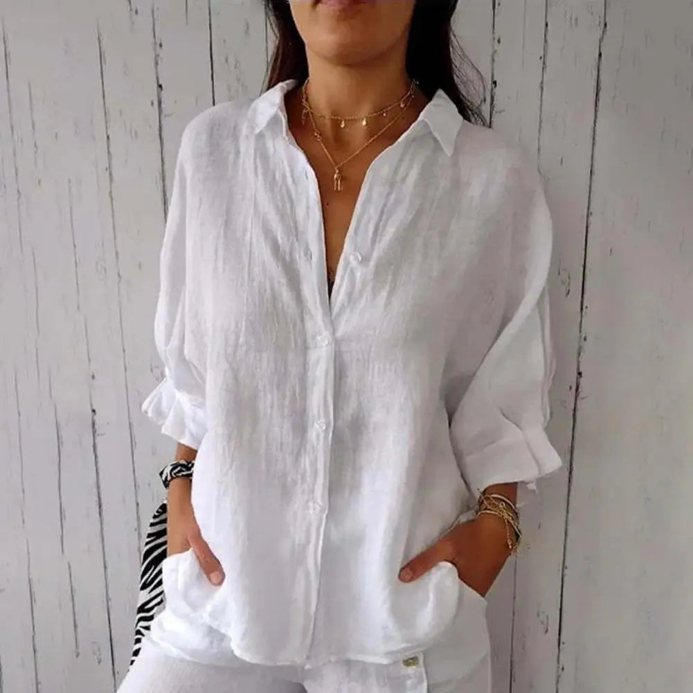 Chemise Femme Lin Blanc Élégante Manches Longues - LuxeStyle