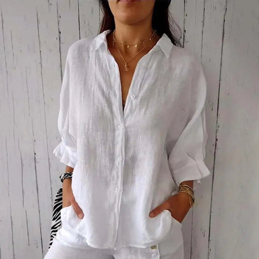 Chemise Femme Lin Blanc Élégante Manches Longues - LuxeStyle