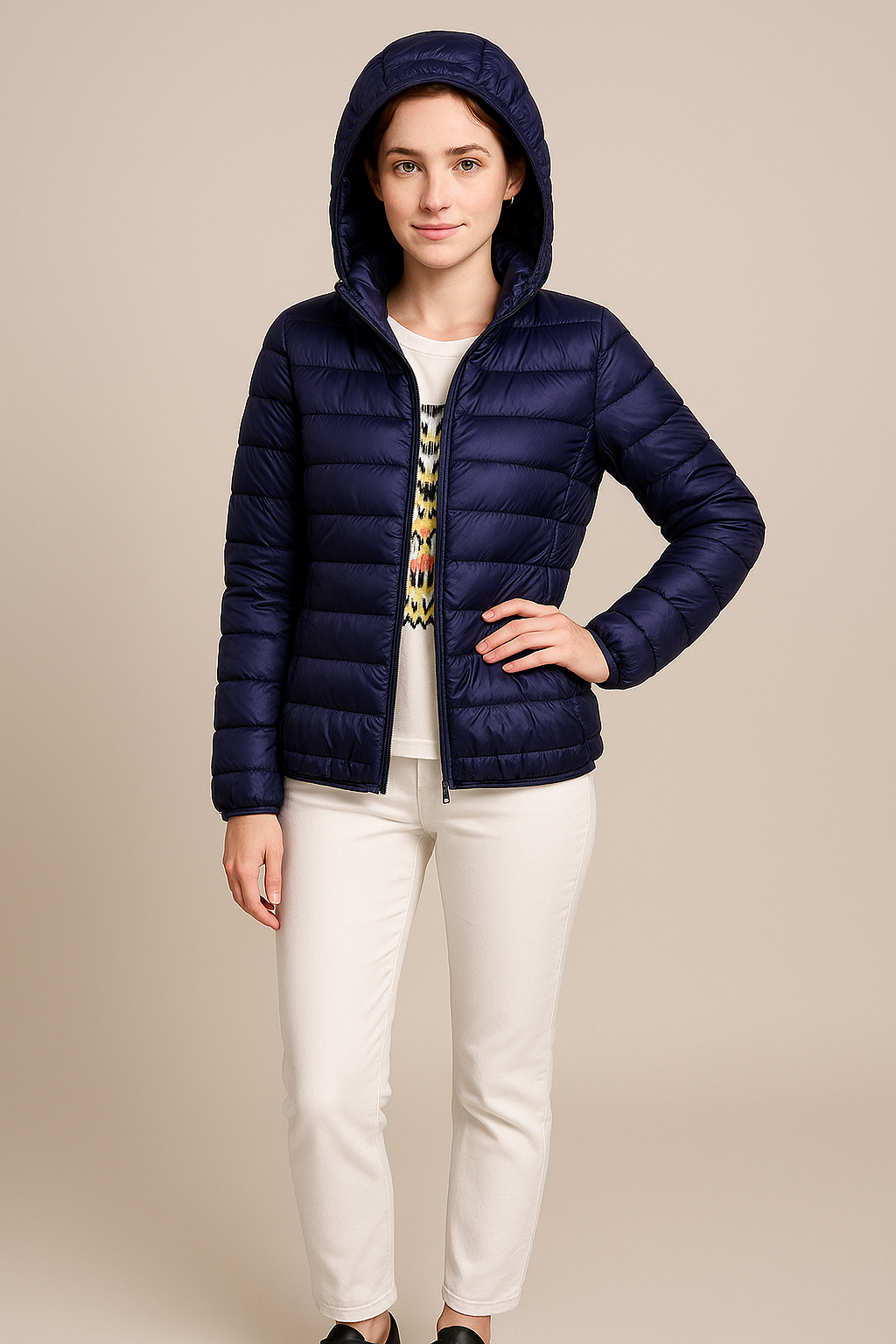 Vestiaire femme hivernal léger à capuche - coupe taille haute