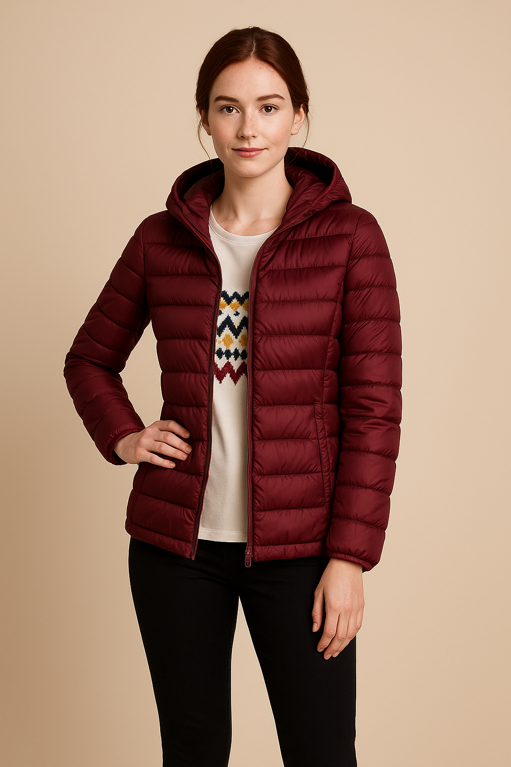 Vestiaire femme hivernal léger à capuche - coupe taille haute